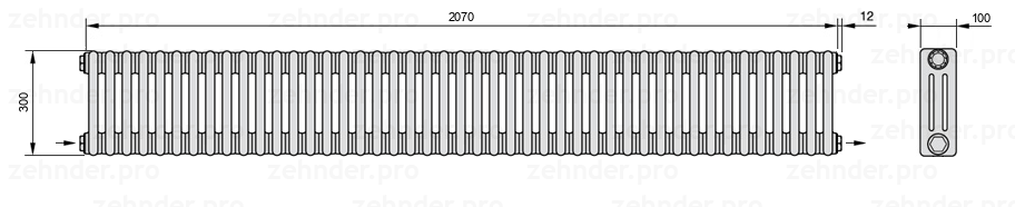Схема (чертеж) Радиатор Zehnder Charleston 3030/45 №2670 Белый глянцевый RAL 9016
